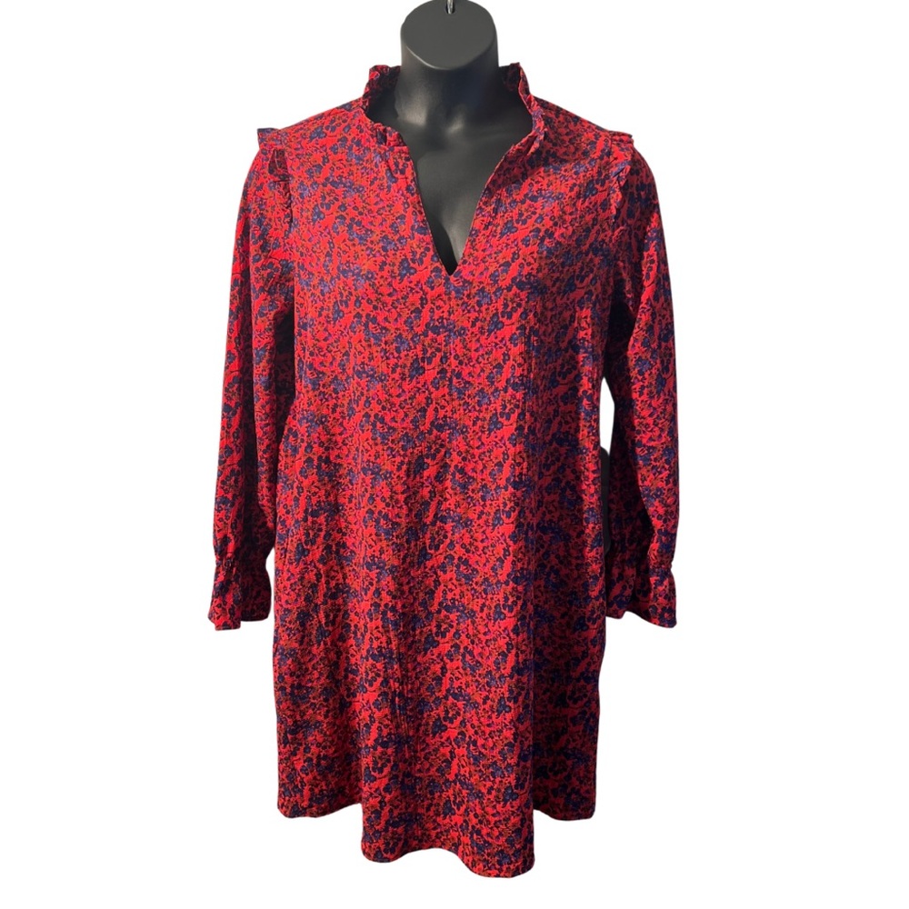 H&M Womens Long Sleeve A-Line Red
with Blue Flower V-neck Dress| Size 10